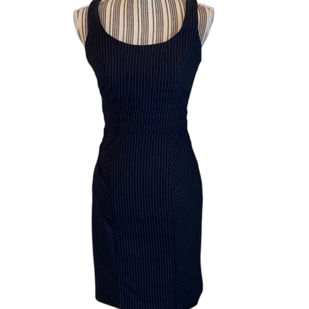 XOXO black and white pinstripe dress, detailed trim at waist and hips